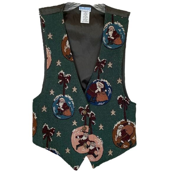 Vintage 90’s Christmas Santa Ornament Green Button Up Holiday Vest Size Small - Picture 1 of 5